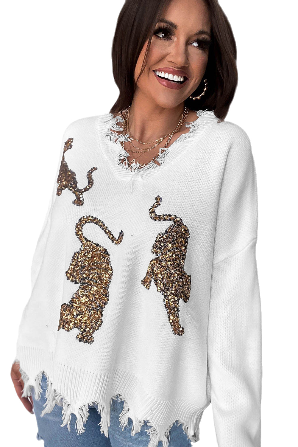 White Frayed Sequin Tiger Sweater