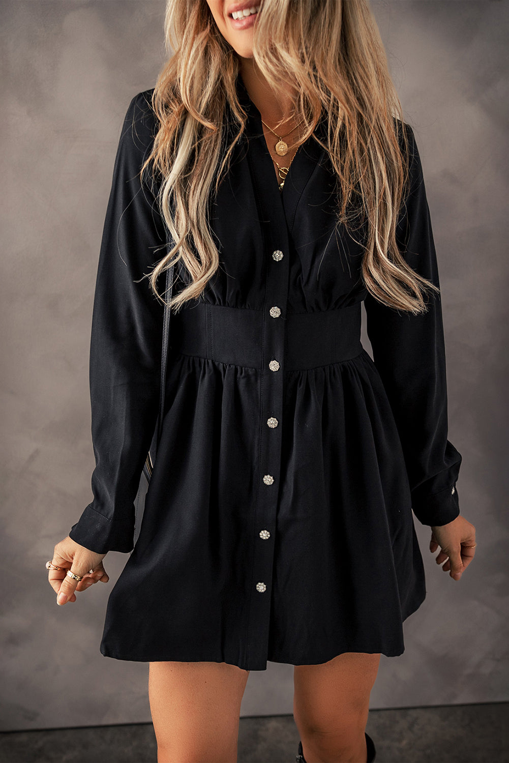 Mini-Robe long-waisted long-waisted sleeve shirt black elastic