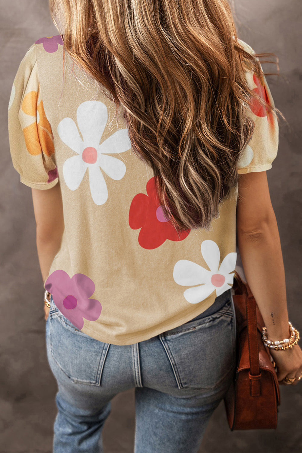 T-shirt à manches à bulles à imprimé à la fleur d'abricot