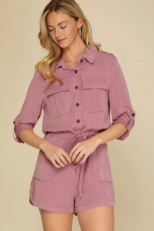 Peach Blossom Rolled Sleeve Drawstring Flap Pocket Romper