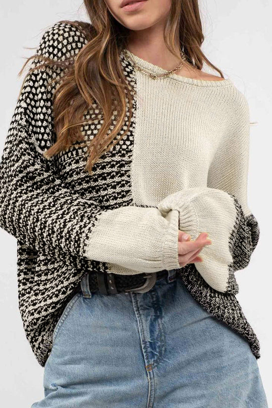 Neutral color block black sweater with tie at the back