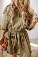 Guacamole Green V-Neck High Waisted Smocked Mini Dress