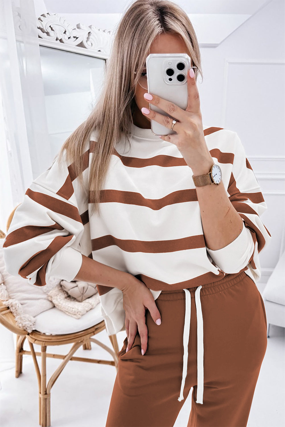 Brown Striped Drop Shoulder Sweater and Jogger Pants Set