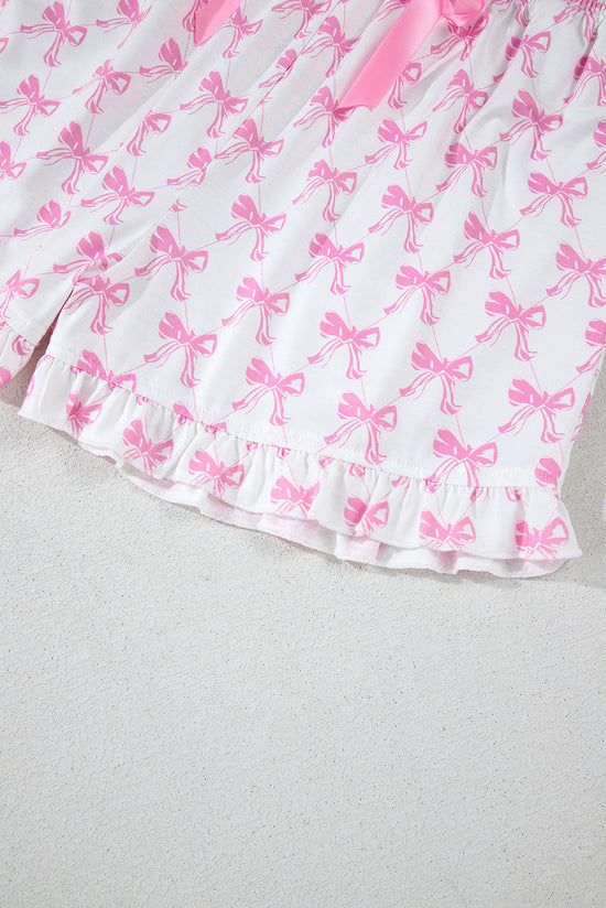 Pink pajama set printed bow tie with short sleeves and ruffle shorts for Valentine's Day