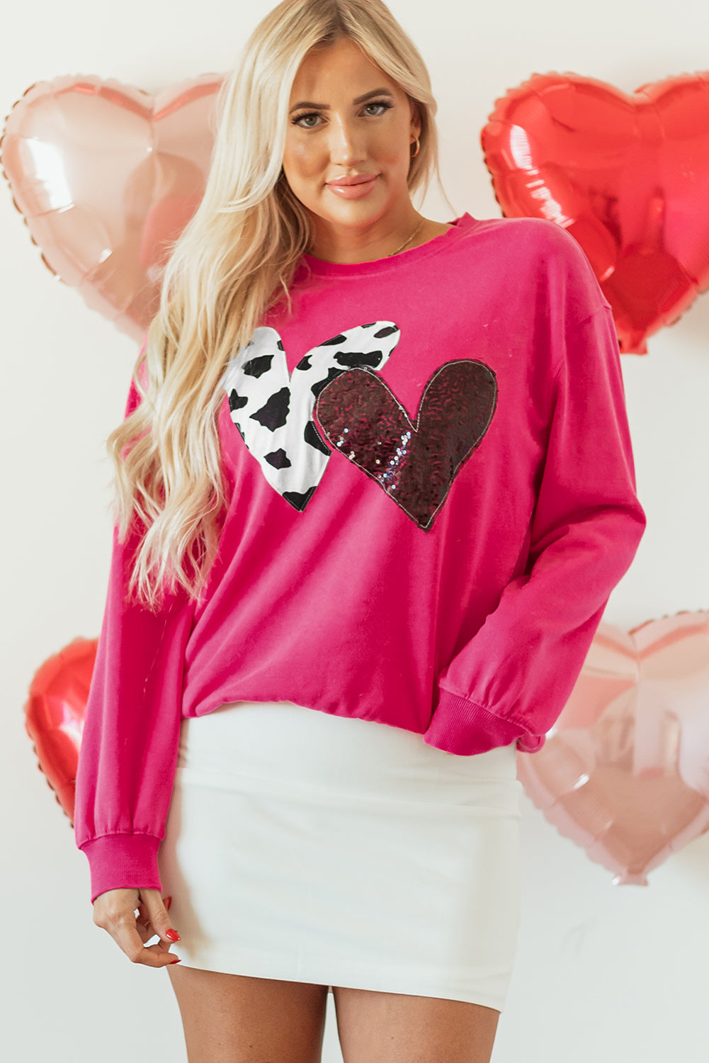Sweat-shirt graphique à double cœur et paillettes rose fraise