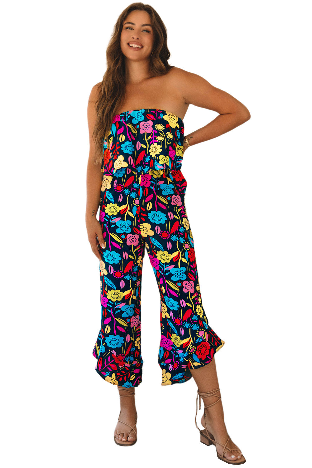 Red Mix Tropical Print trägerloser gekräuselter Jumpsuit