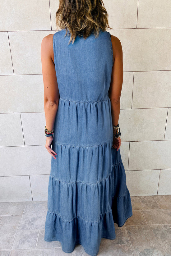 Long blue dress in Chambray on several sleeveless levels