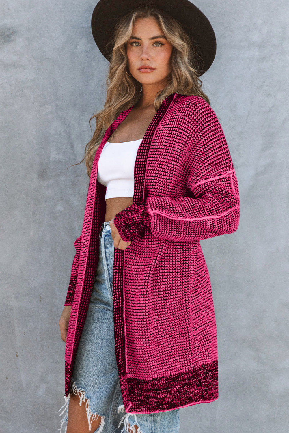 Rose Plaid a maglia a maglia con cardigan anteriore aperto lungo