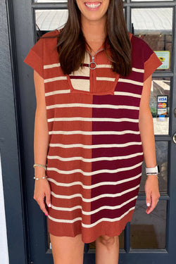 Brown sweater dress with colored colors with zipped collar and short sleeves