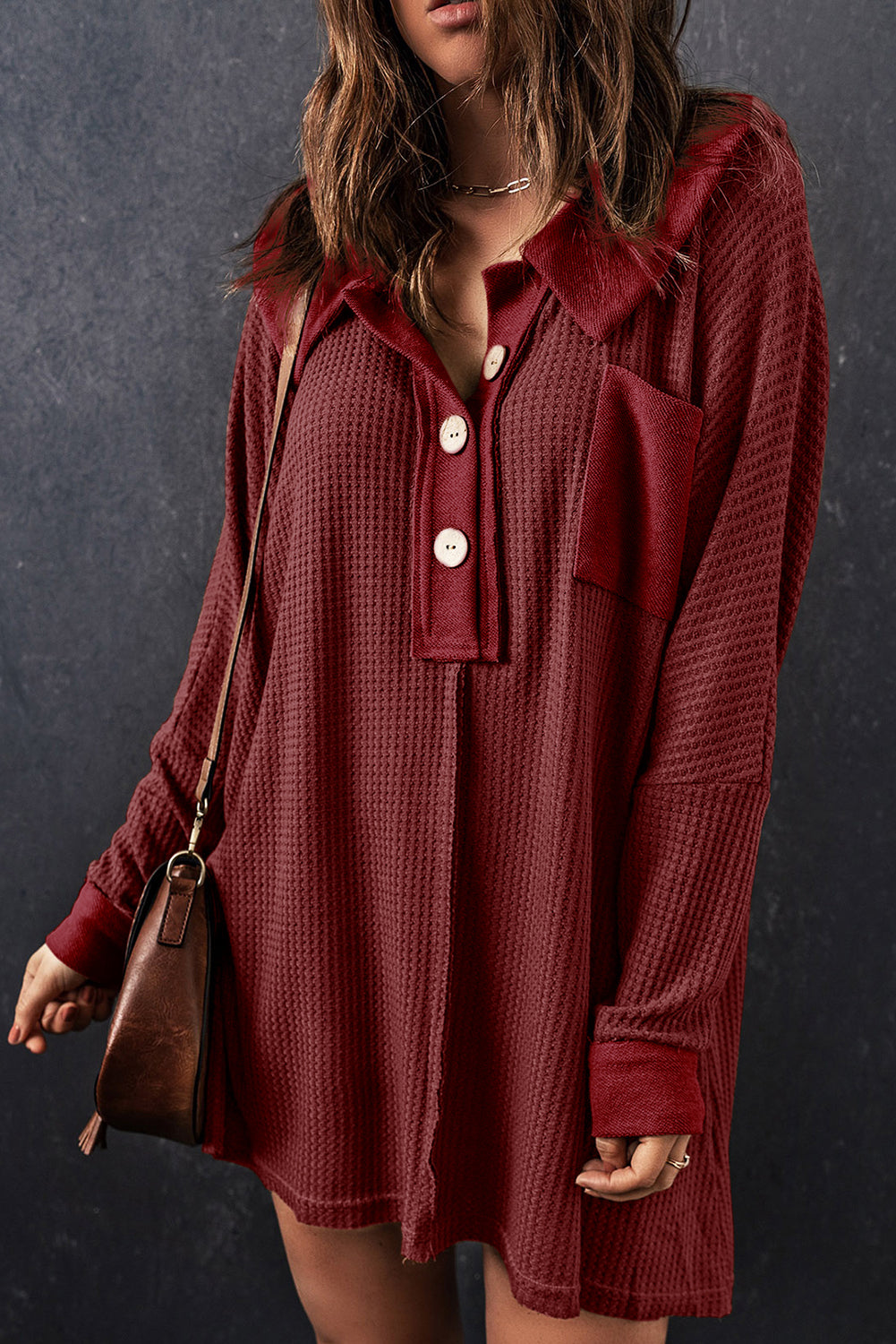 Red Waffel strickte Buttoned Long Sleeve Top