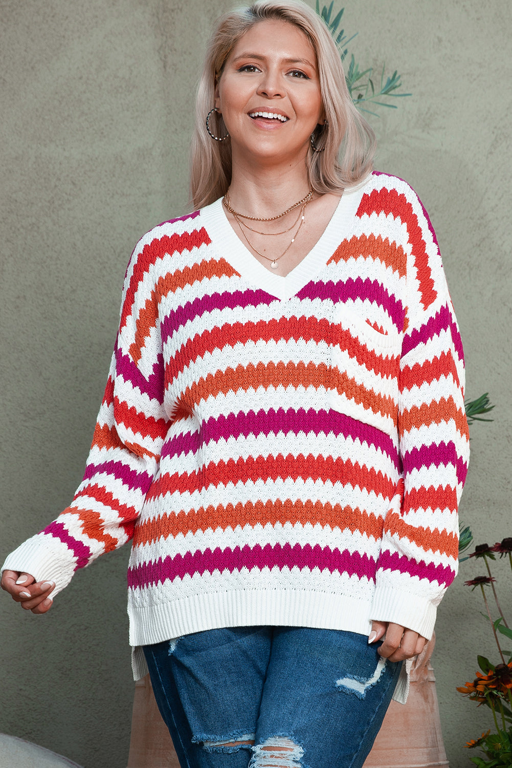 Pink Striped V-Neck Drop Shoulder Plus Size Sweater