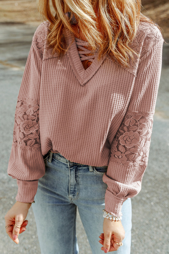 Long sleeve top and V -neck with pink lace lace straps