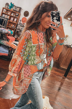 Orange Paisley Bohemian Style Mixed Print 3/4 Sleeve Loose Chiffon Dress