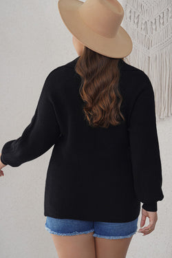 Black Ribbed Knit Curved Lapel Neck Sweater