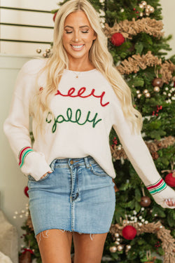 Classic Beige Tinsel Holly Jolly Graphic Sweater