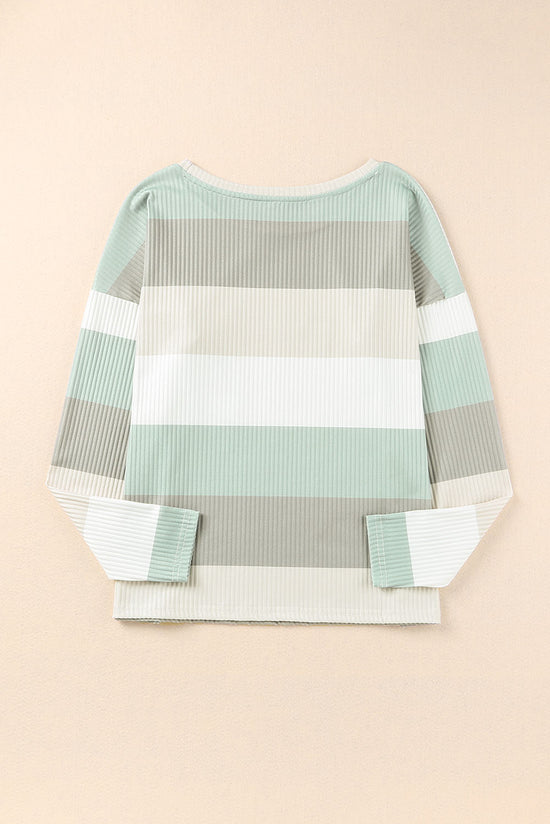 Green Color Block Long Sleeve Ribbed Top with Pocket