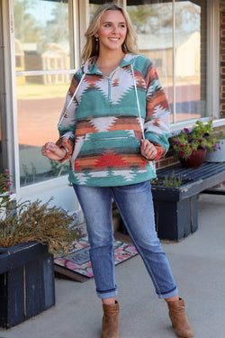 Multicolored zipped hooded sweatshirt with Aztec print and split collar