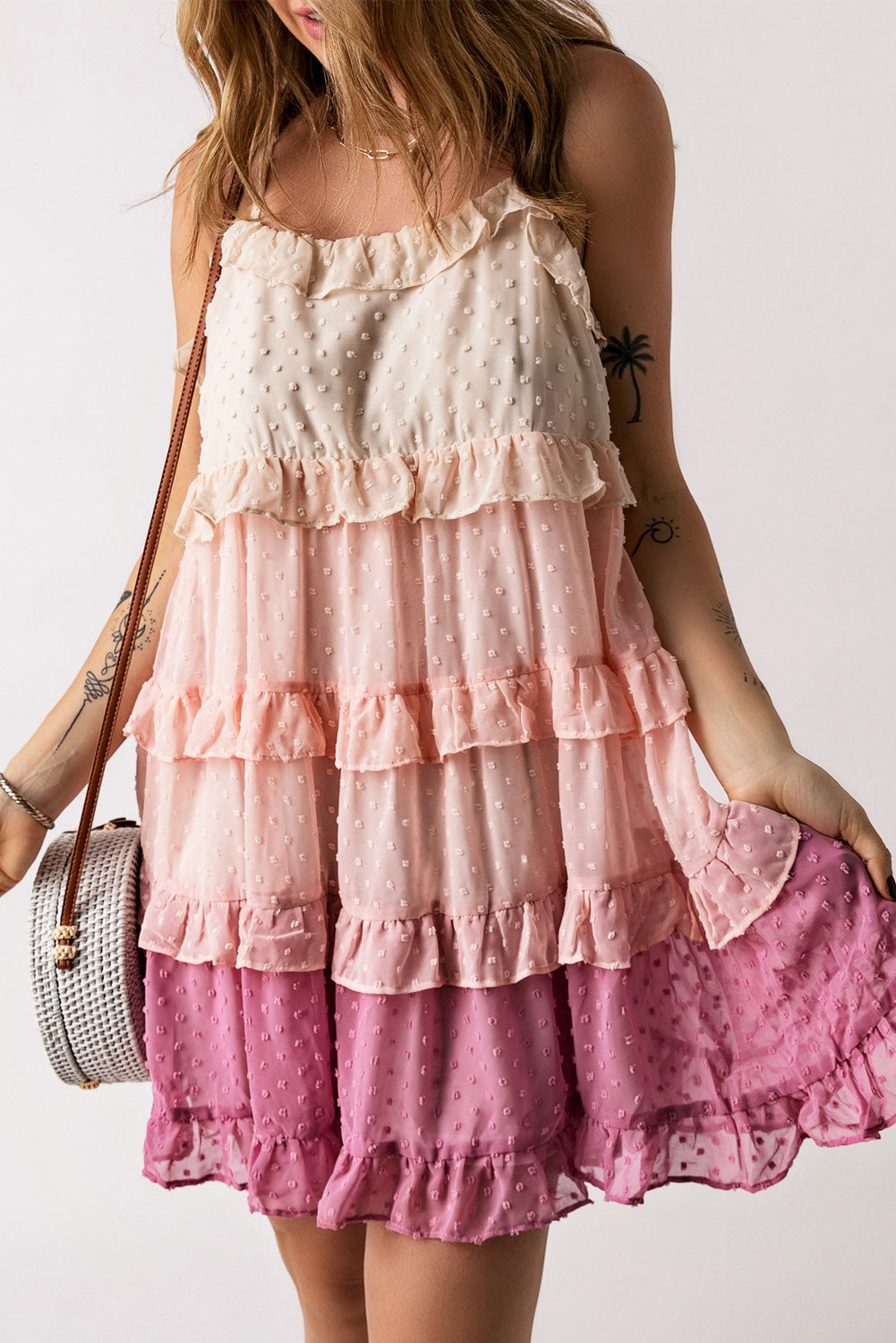 Pink Ombre Swiss Dot Tiered Ruffle Mini Dress