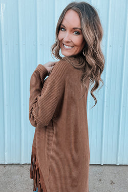 Coffee Waffle Knit Fringed Loose High Low Top