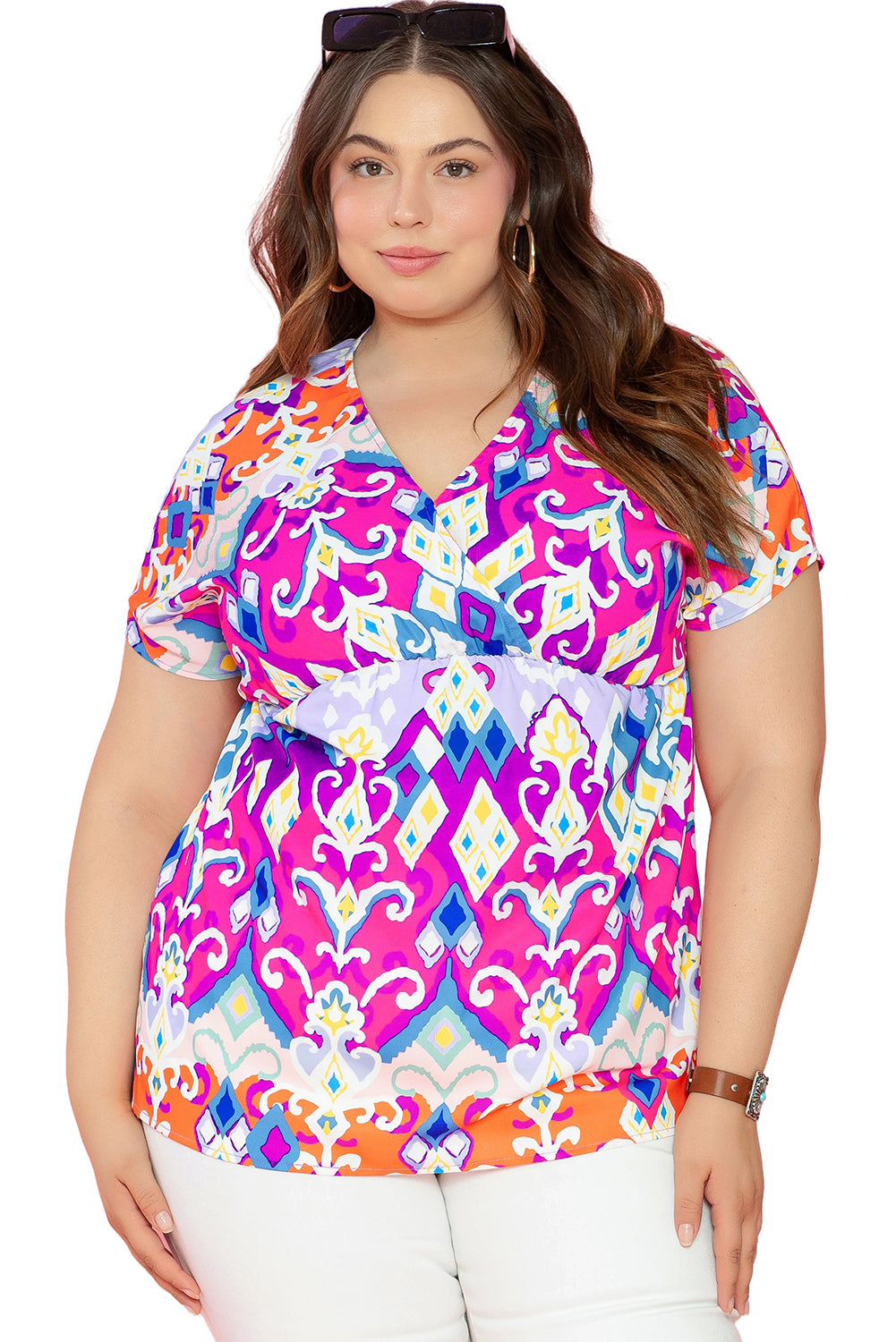 Multicolour Dreamy Print Wrap V Neck Plus Babydoll Blouse