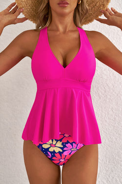 Ensemble tankini floral rose à col en V et ourlet à volants