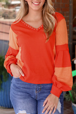 Fiery Red Studded V-Neck Textured Knit Top with Seam Detail