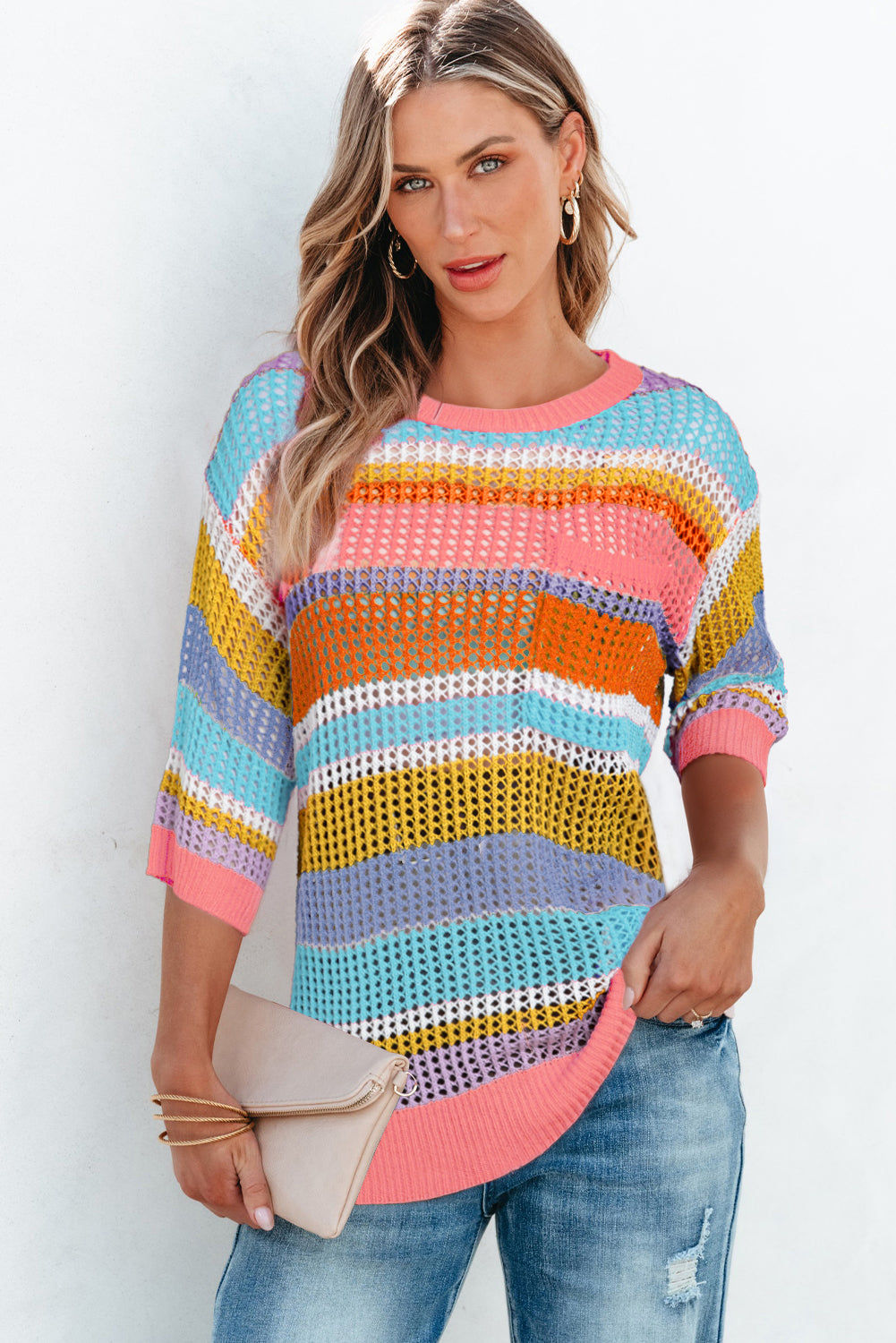 Pink Stripe Colorblock Hollowed Crochet 3/4 Sleeve Sweater