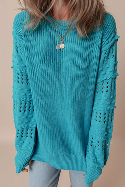 Turquoise bubble sleeve sweater with ruffled eyelets