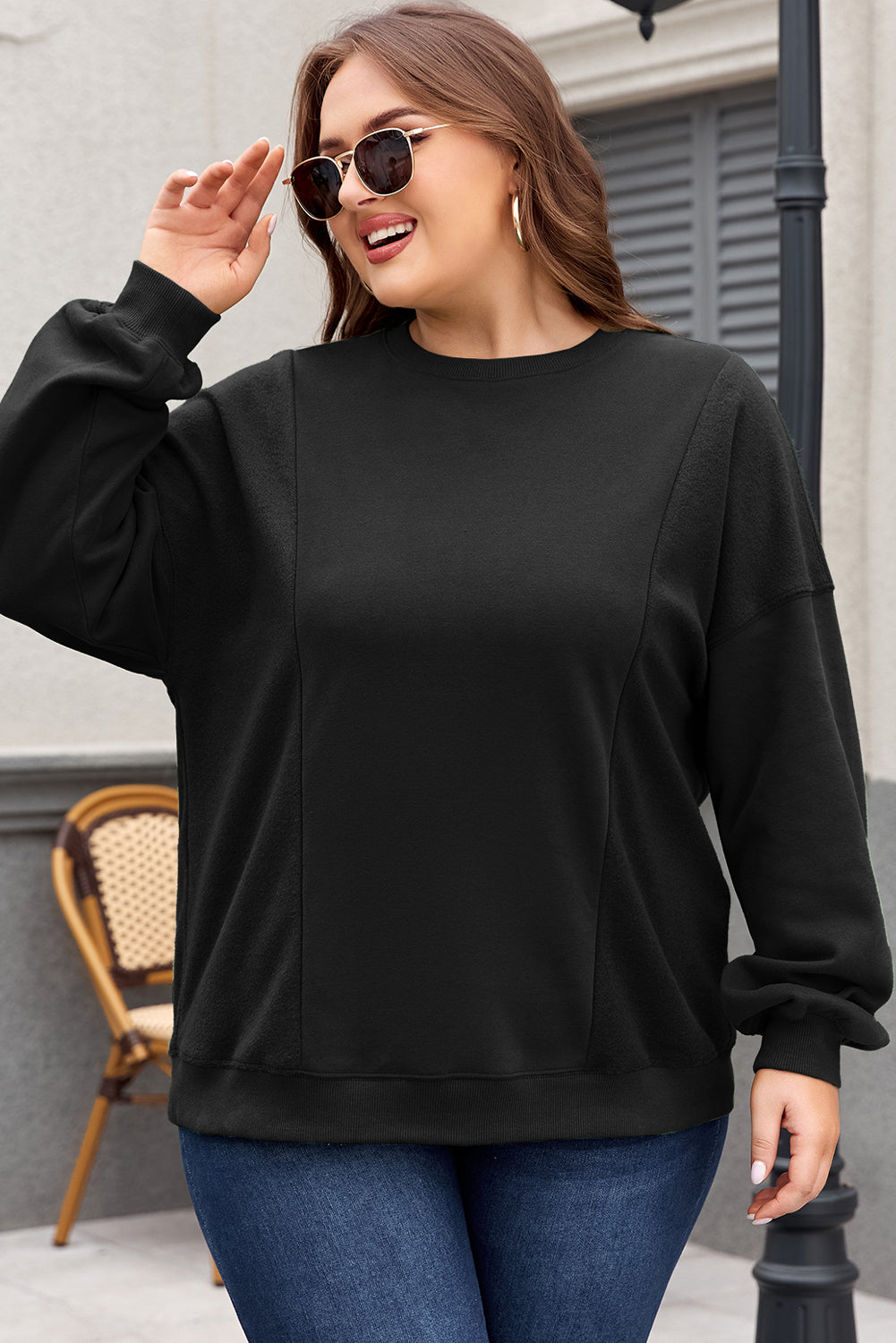 Black Crew Neck Patchwork Loose Sweatshirt Plus Size