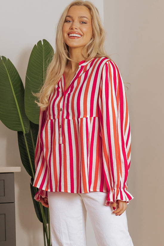 Orange striped blouse, balloon sleeves, notched v collar, buttoned on the front