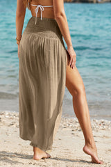 Jupe de plage longue fendue taille haute froncée kaki pâle