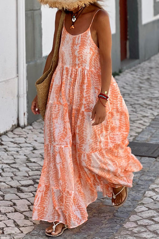 Orange abstrakte Print Spaghetti -Gurte Rückenfreie Maxi -Kleid