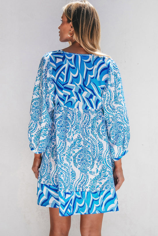 Sky Blue Bohemian Print Tie V-Neck Puff Sleeve Flared Mini Dress