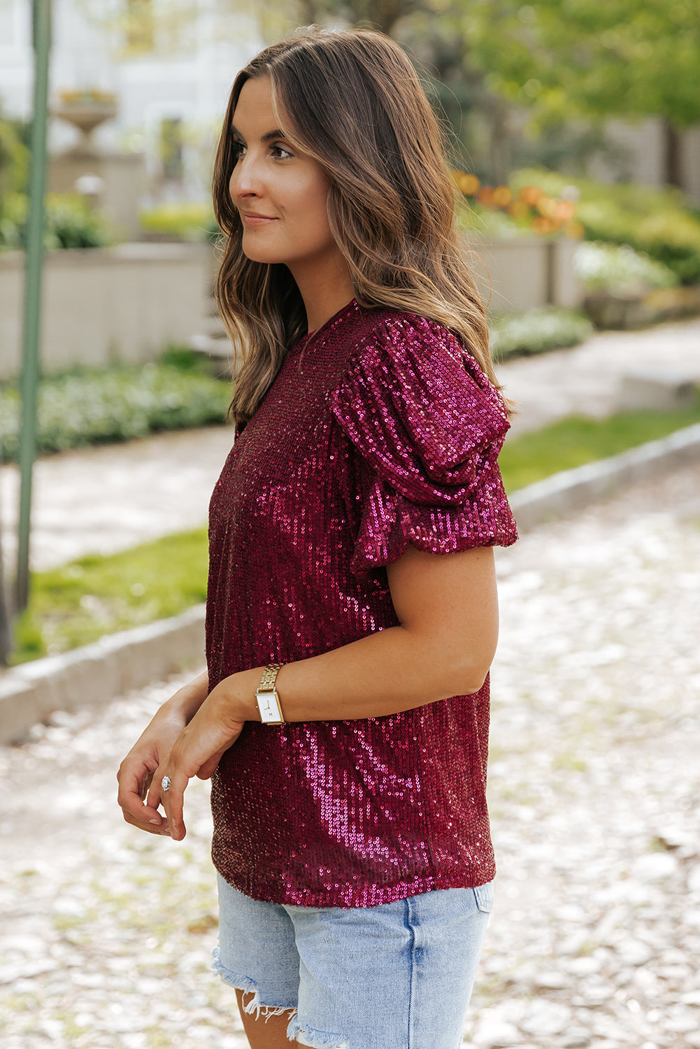 Burgund glitzernde Pailletten Kurzblasenbluse