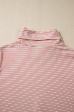 Pink Striped Long Sleeve Cowl Neck Loose Top with Side Slits