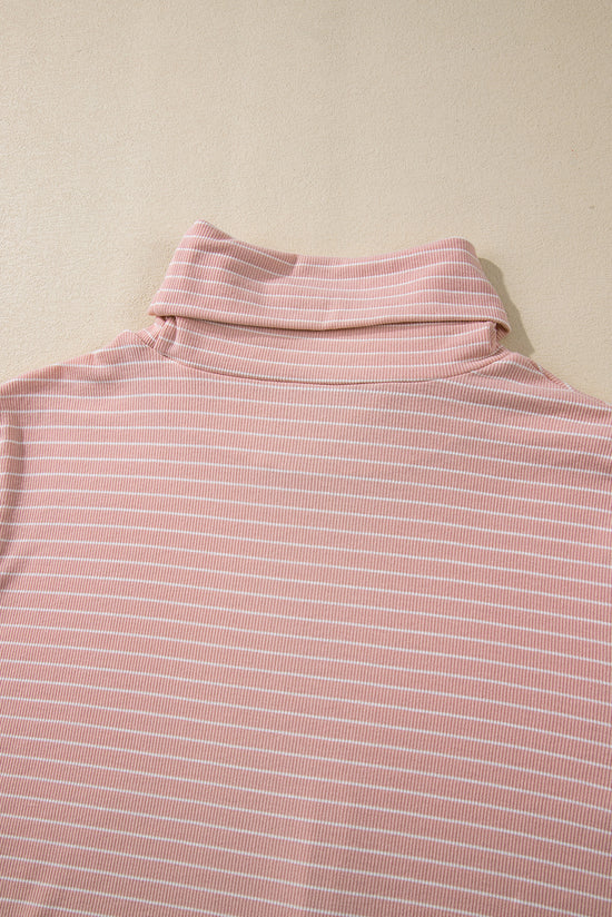 Pink Striped Long Sleeve Cowl Neck Loose Top with Side Slits