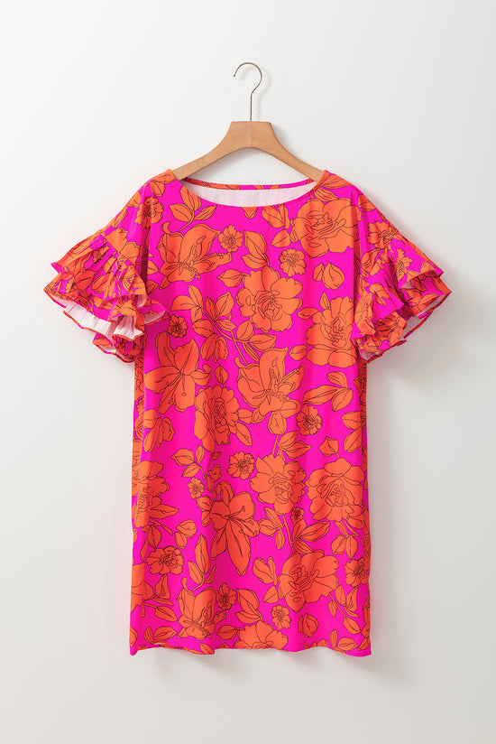 Robe fleurie rose volumineuse à manches volantées