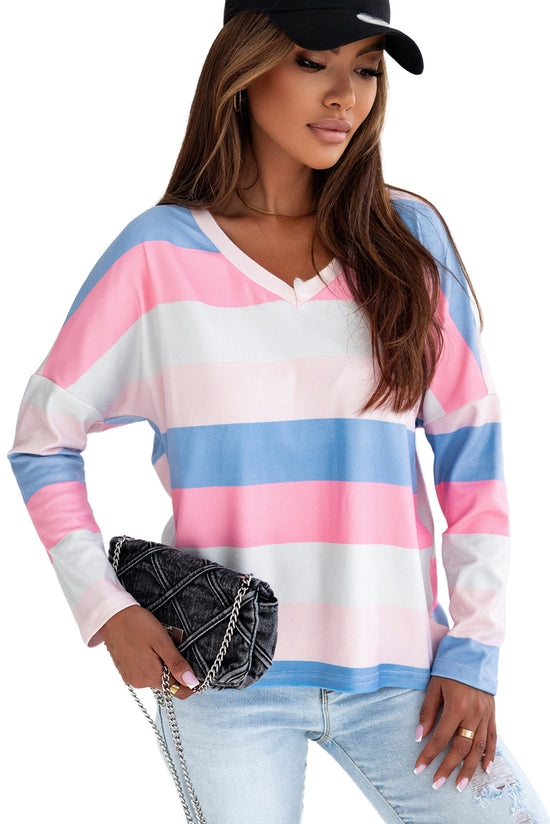 Pink Long Sleeve V-Neck Top with Contrast Stripes