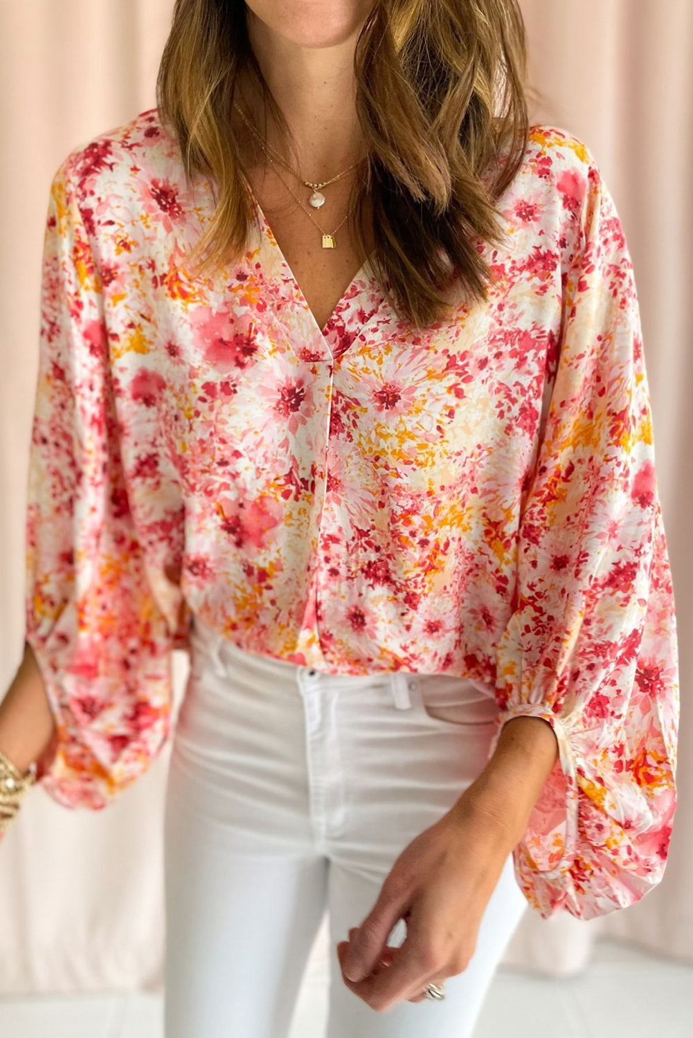 Pink Ditsy Floral Bubble manga v Blouse de cuello