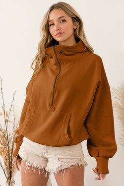 Brown zip-up hoodie with kangaroo pocket and ribbed trim