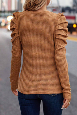 Textured buttoned Gigot sleeve top in solid chestnut