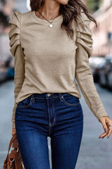 Khaki buttoned sheath top with long puff sleeves