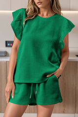 Ensemble t-shirt à manches volantées texturé vert vif et short à cordon de serrage-A WOMAN WE LOVE
