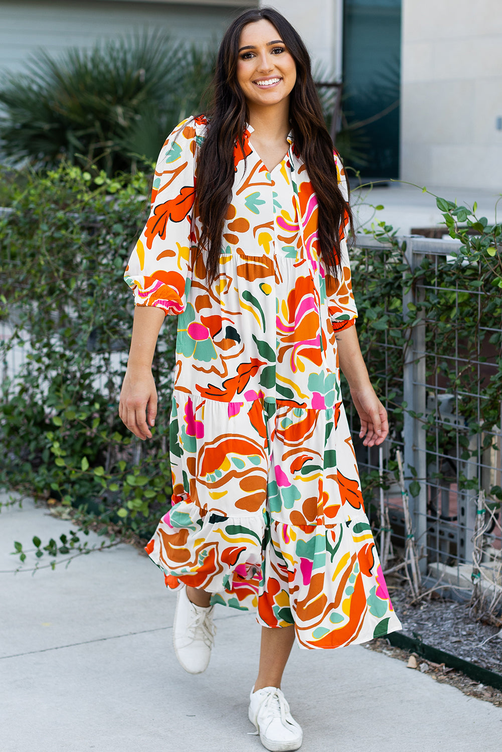 Vestido maxi de estampado de estampado floral naranja V