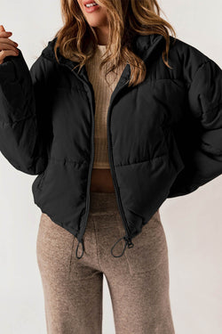 Black zipped down jackets with drawstring hem