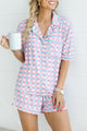 Set of short -sleeved pajamas with purple checkered pattern