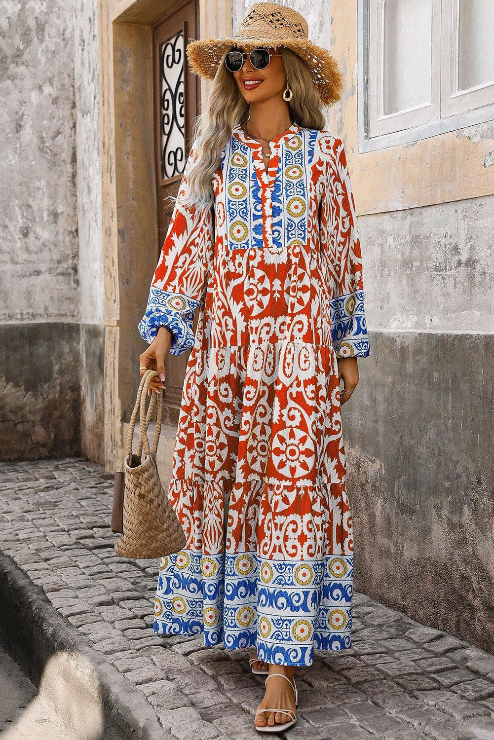 Orange Boho Geometrisch gedrucktes Langarm -Maxikleid