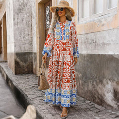 Orange Long Sleeve Boho Geometric Print Maxi Dress