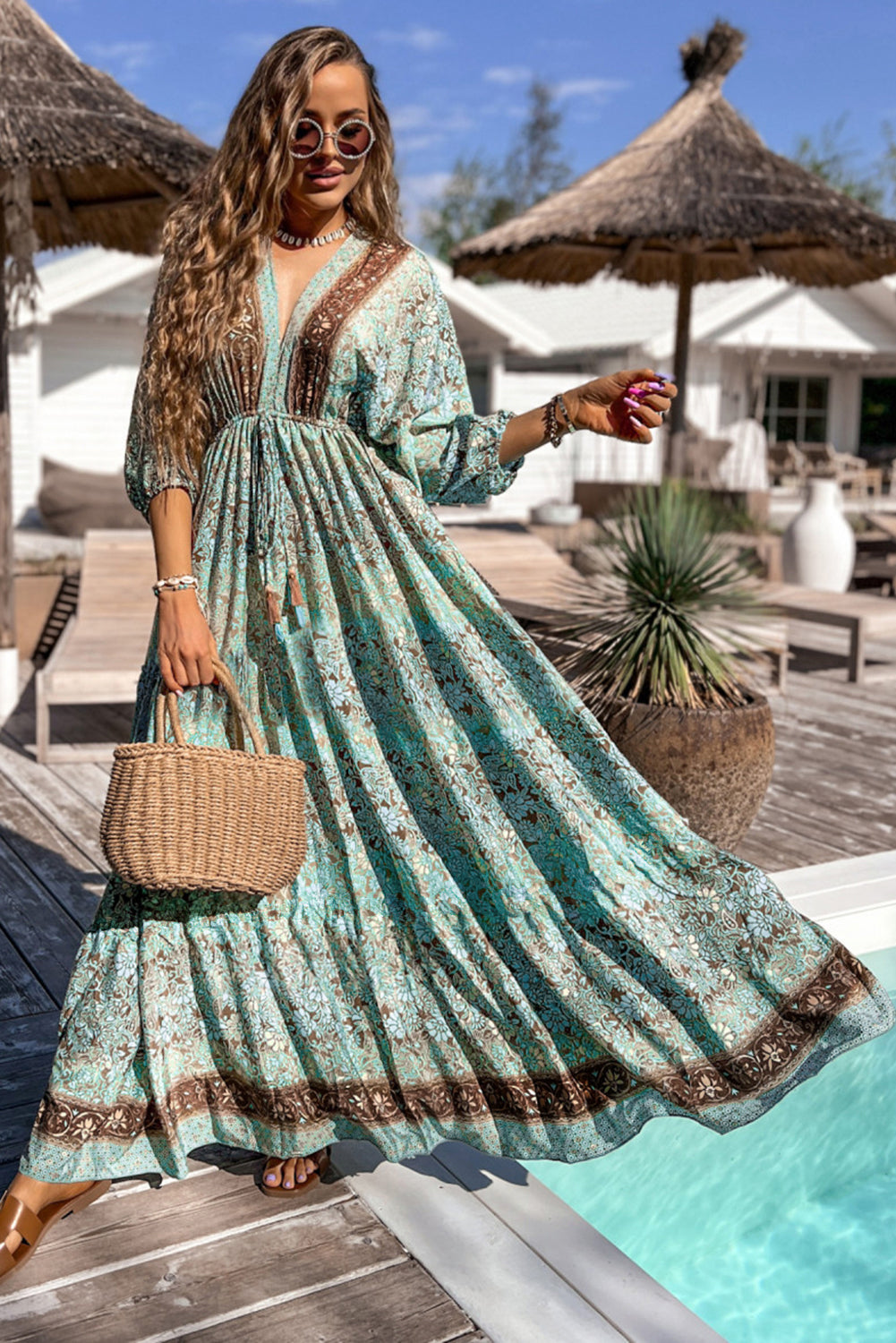 Robe longue bohème à imprimé floral et à lacets dos ouvert taille haute vert