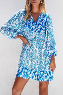 Sky Blue Bohemian Print Tie V-Neck Puff Sleeve Flared Mini Dress